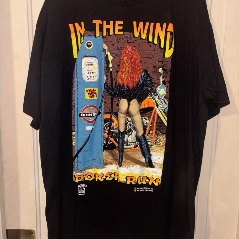 Vintage 1994 EASYRIDERS  T-shirt XL IN THE WIND POKER RUN Babe On Bike Morris IL
